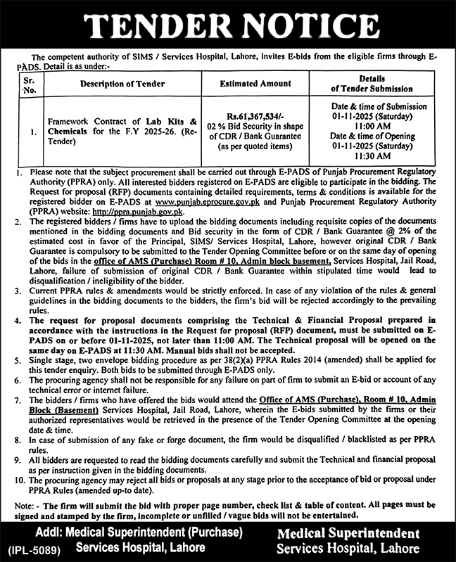 Services Hospital Lahore Tender Notice